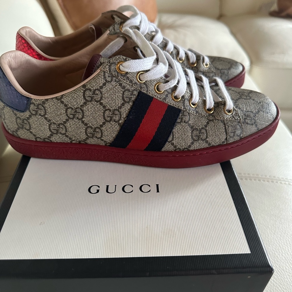 Gucci Monogram Sneaker with Red and blue web size 8.